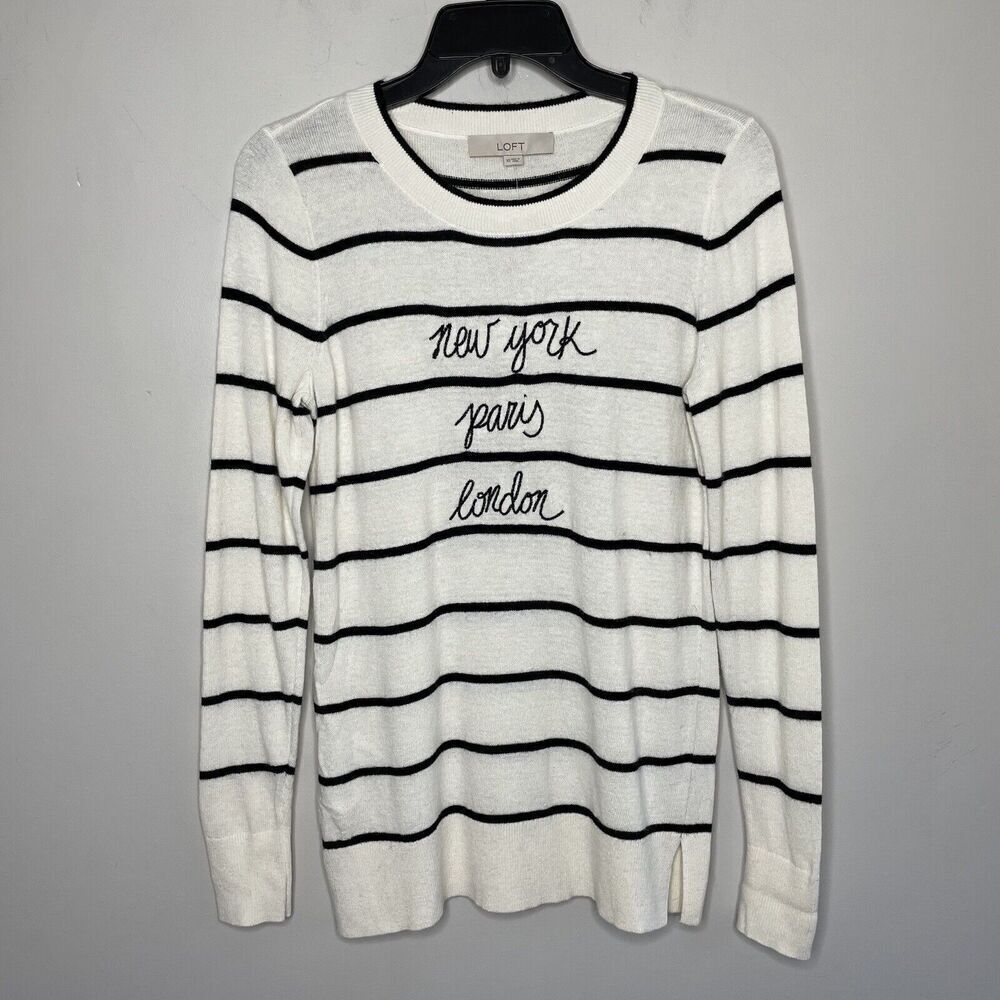 LOFT Sweater Women XS Jetsetter Ivory Black Stripe NEW Embroidered Wool Blend